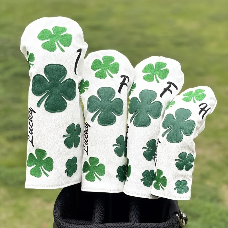 Golf Equipment Deals - ปลอกหุ้มหัวไม้กอล์ฟ Clover ดีไซน์ทันสมัย - สีขาวทนทานพร้อมลายโคลเวอร์สี่แฉกสีเขียว ปลอกป้องกันไม้กอล์ฟ